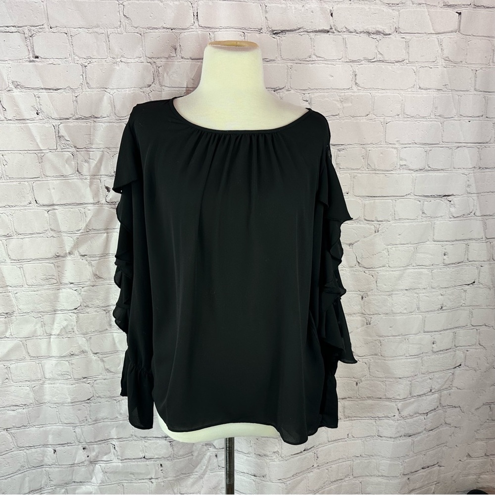 LOFT Ruffle Sleeve Blouse polka dot mesh lace inset women M whimsygoth boho